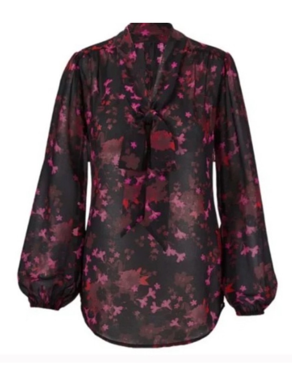 Cabi Candlelight Sheer Black Floral Tie-Neck Blouse - Small